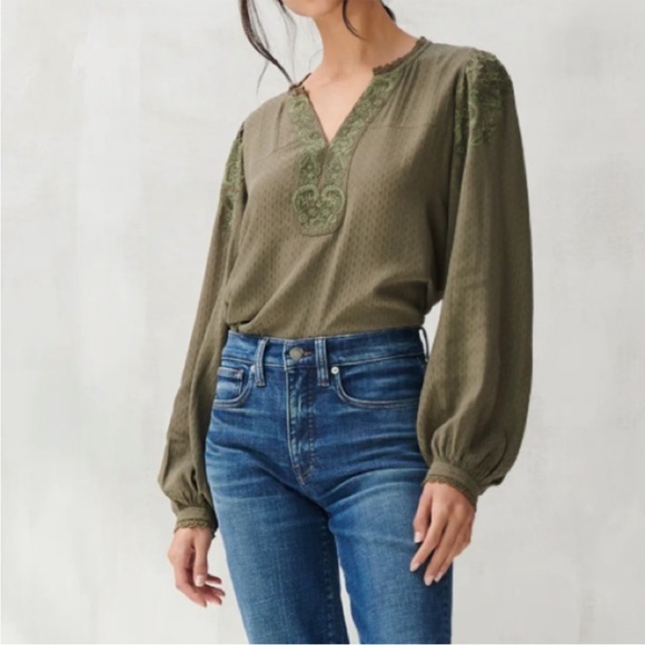 Lucky Brand Embroidered Top Womens XL Boho Olive Green Longsleeve Viscose - Picture 1 of 12